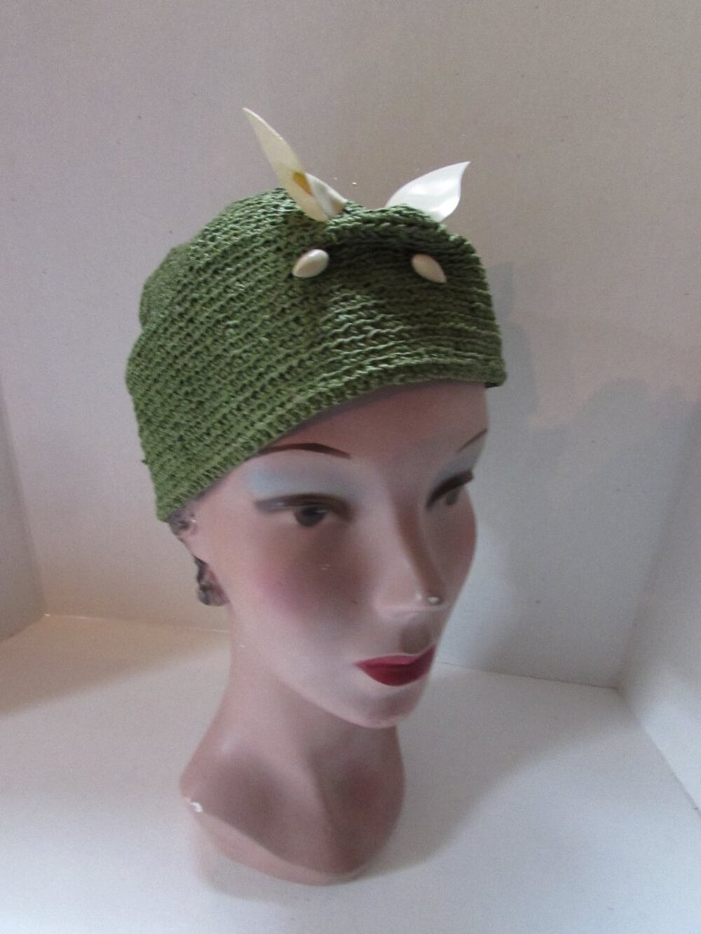 Vintage Knit Cap Spinach Green Vinyl Hat Pins Cat Like